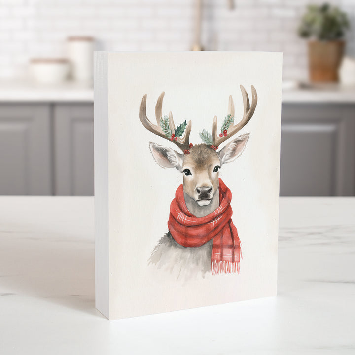 Deer With Scarf Wood Block Décor
