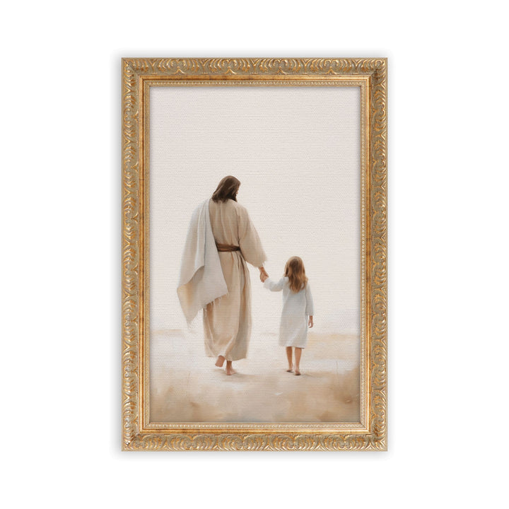 Jesus Walking With Child Gold Framed Linen