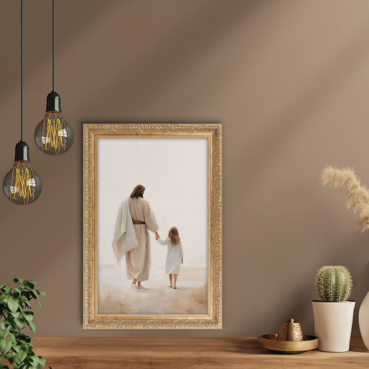 Jesus Walking With Child Gold Framed Linen